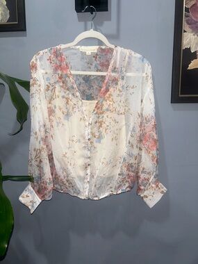 Lovestitch Sheer Floral Button-Front Blouse - Cream Multi sz S
